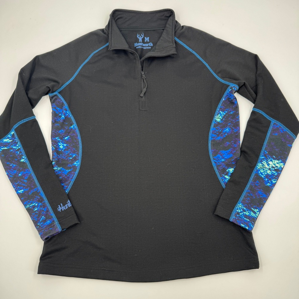 Huntworth 1/4‎ Zip Pullover Mens Medium Black Blue Camo Performance Active Top